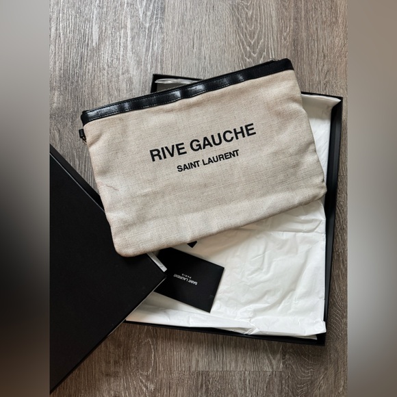 Saint Laurent Rive Gauche Canvas Clutch | YSL Pouch Black Leather Trim Wristlet - Picture 2 of 9